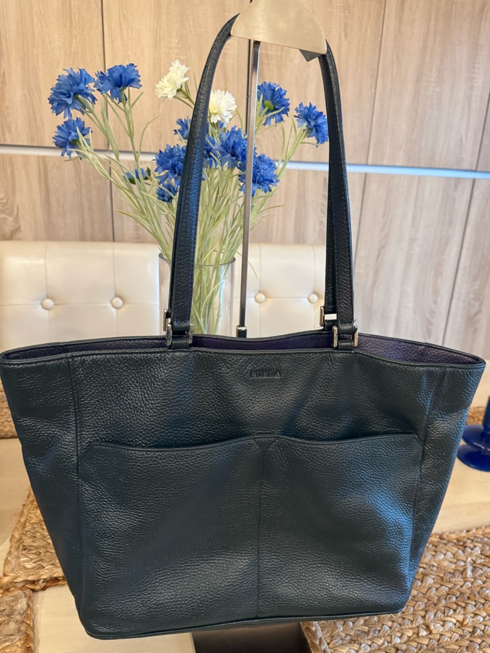 Furla Deep NAVY BLUE Pebbled Leather Tote Shoulder Bag STUNNING!!!